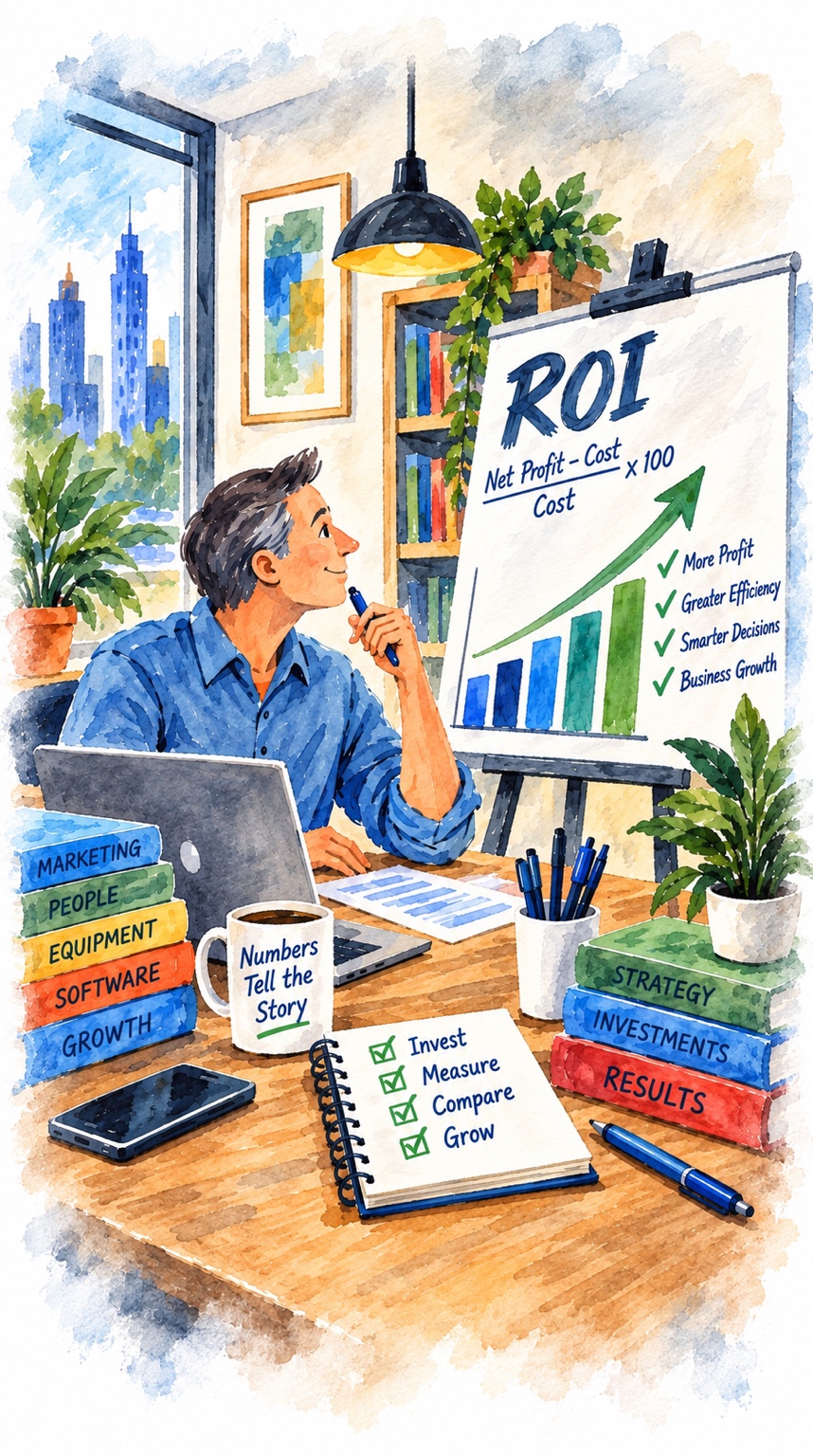 Watercolor illustration of a business owner reviewing return on investment