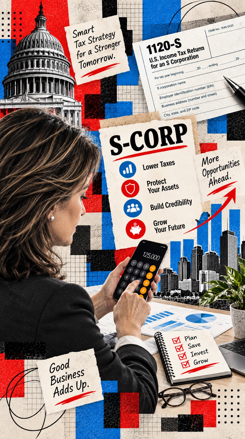 S-Corp business and tax strategy editorial illustration
